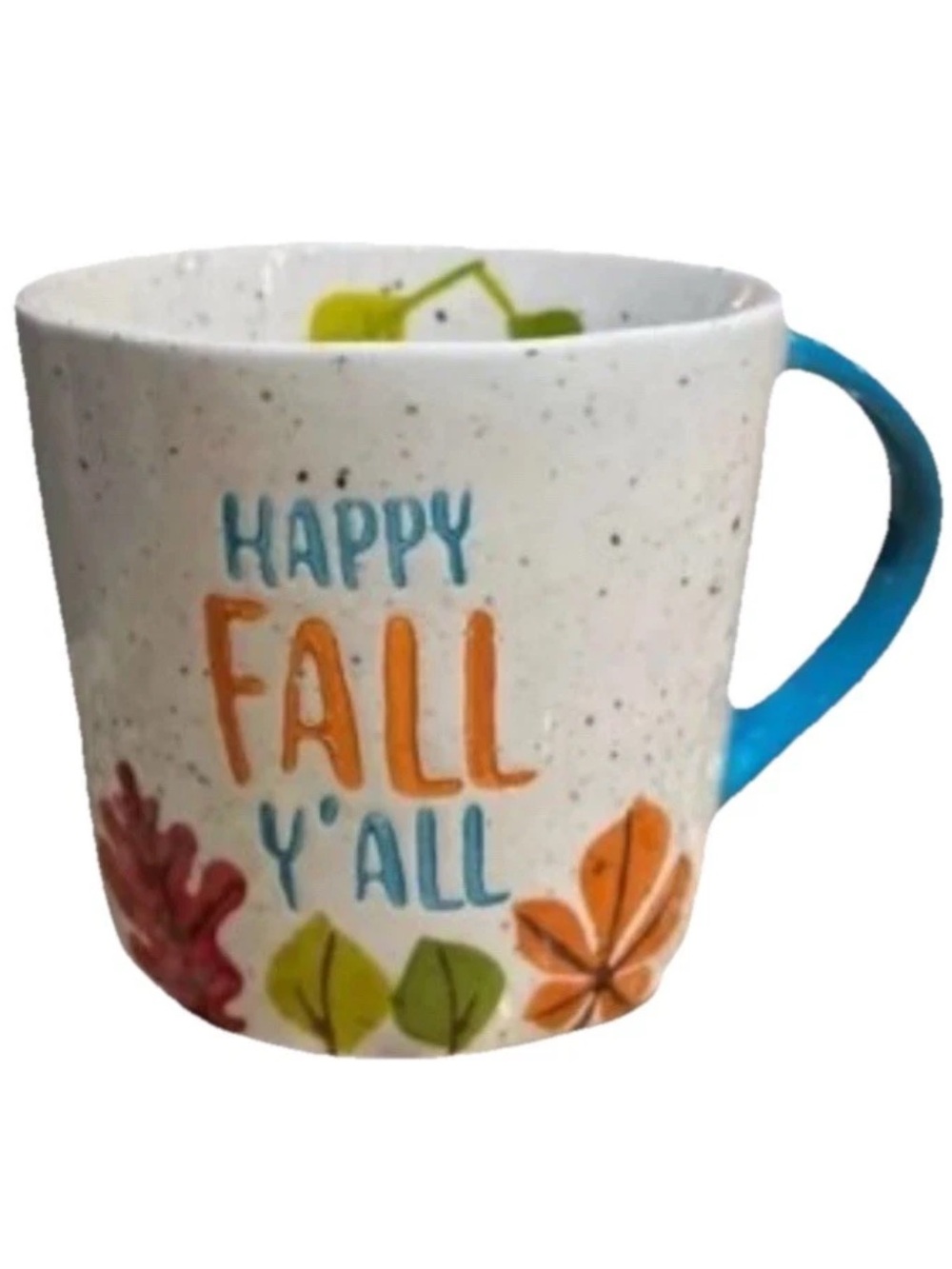tag Happy Fall Y'all Ceramic Speckled Coffee Mug Blue Handle Autumn Leaf EUC